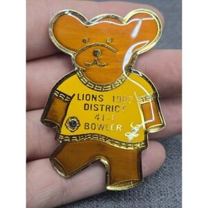 Vintage 1987 Lions Club District 41-1 Bowler Teddy Bear Enamel Lapel Pin
